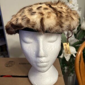 Vintage Evelyn Varon Exclusive Leopard Print Rabbit Fur Headband HatLeather Base